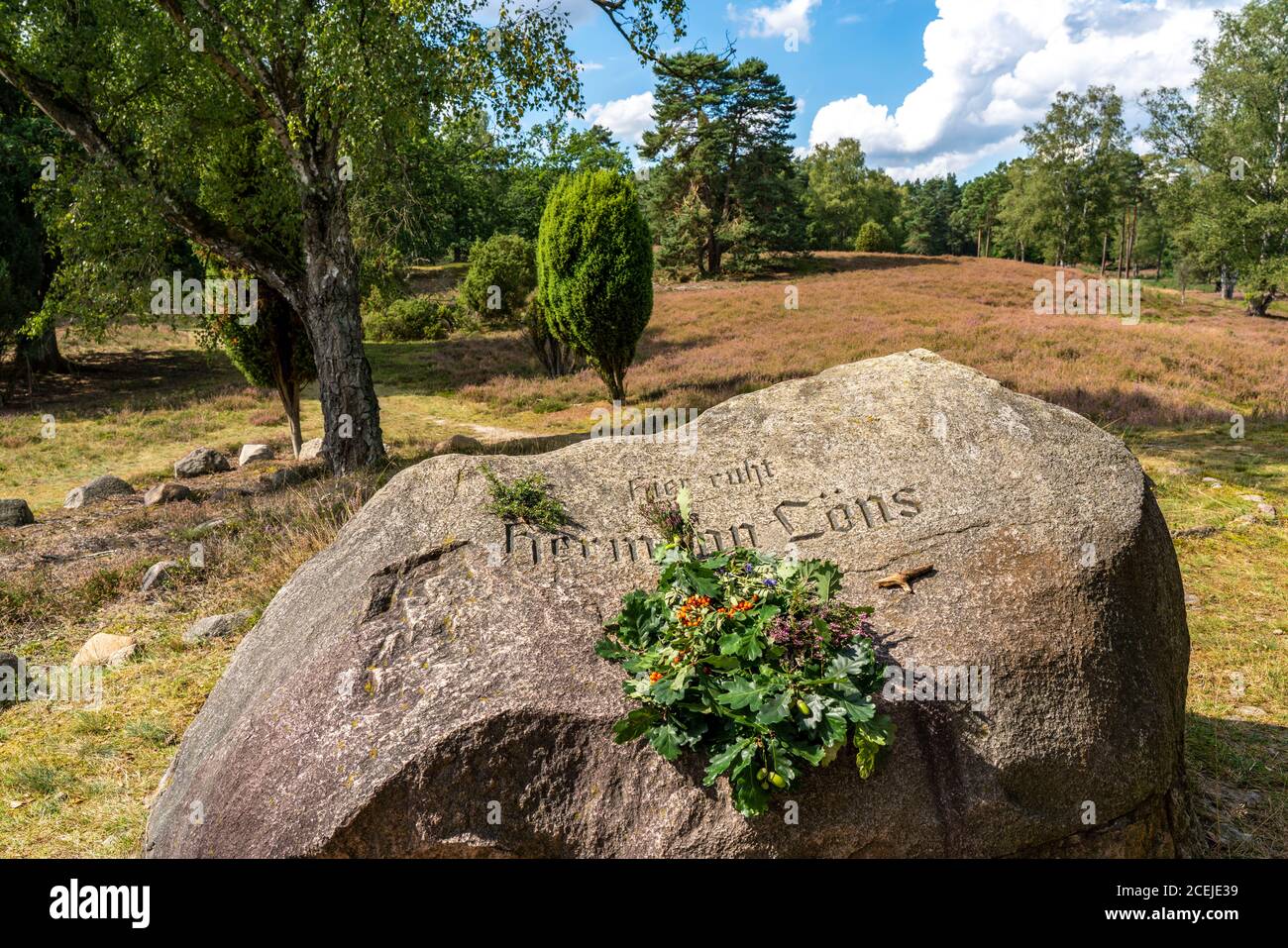 Grabstein, Grab des heidnischen Dichters Hermann Löns, in Tietlinger Wacholderhain, bei Bad Fallingbostel, Niedersachsen, Deutschland, Stockfoto