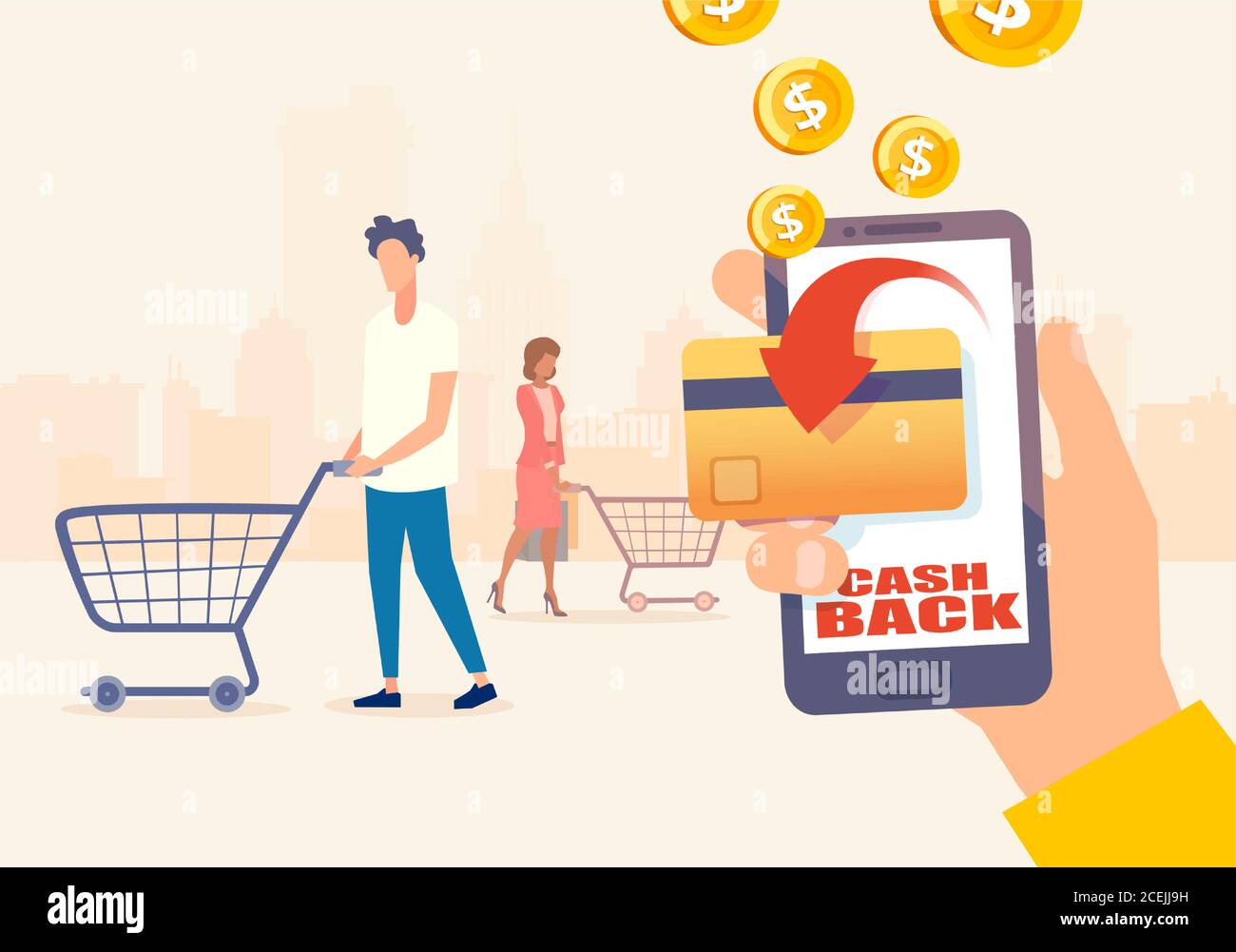 Konzept des Cashback-Programms. Vektor der Shopping-Menschen mit Kredit-oder Debitkarte verdienen Bonus Cash-Back-Geld Stock Vektor