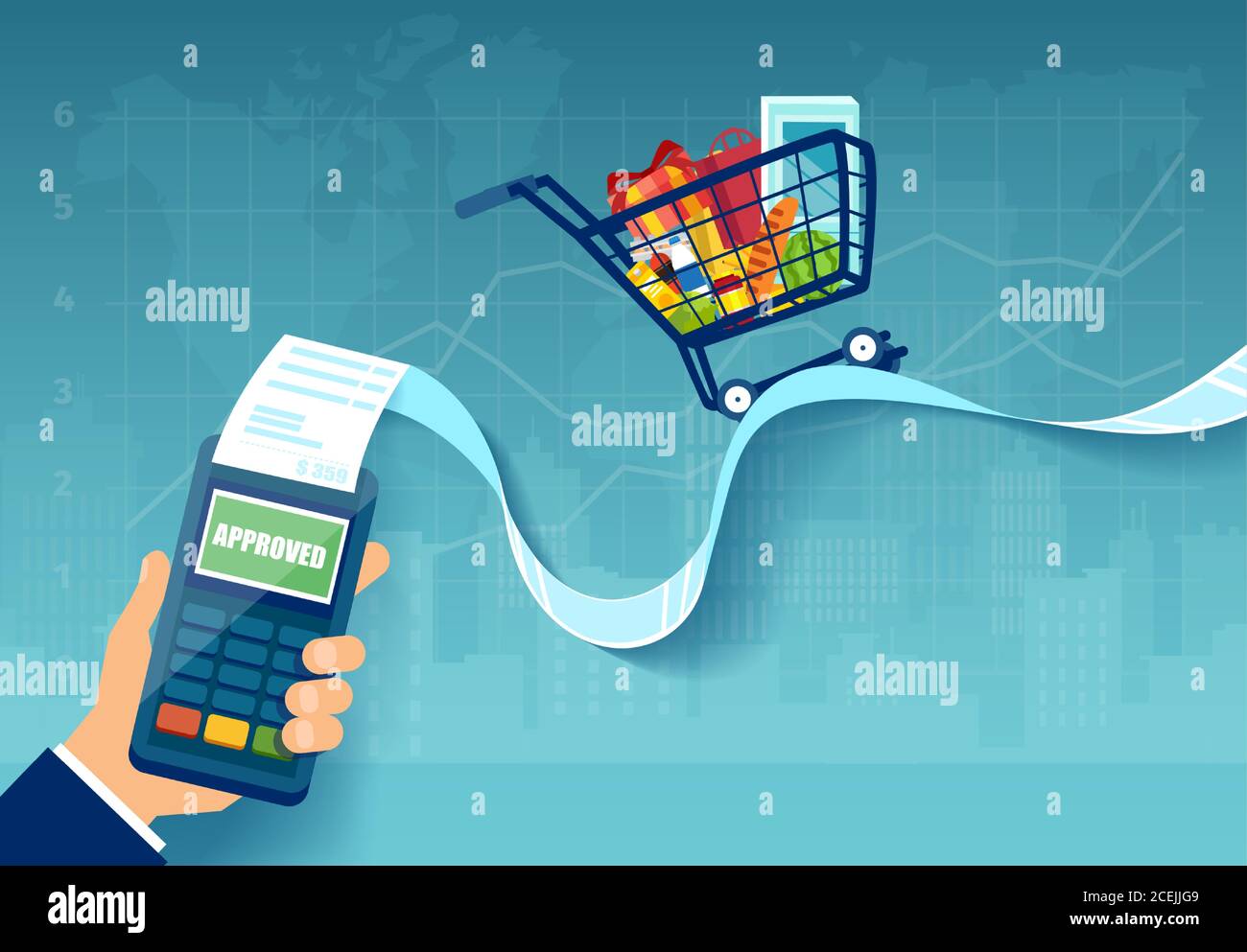 Vektor eines Einkaufswagens mit Lebensmitteln auf einem sehr Langer Kassenbeleg Stock Vektor