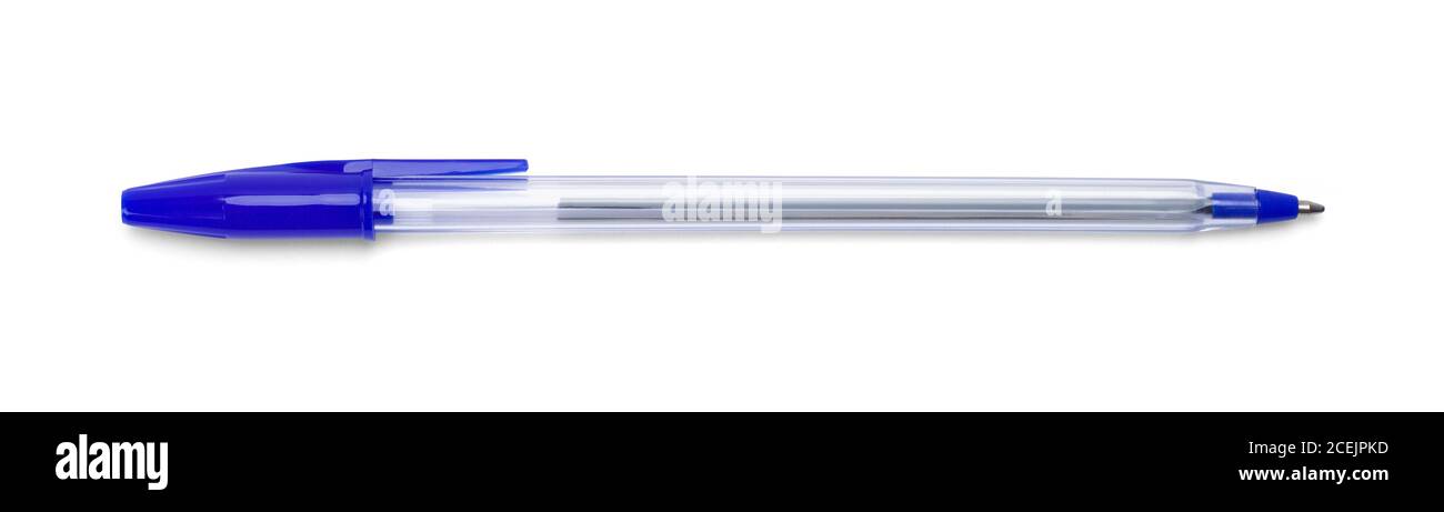 Offener blauer Kugelschreiber mit Kappe isoliert auf Weiß. Stockfoto
