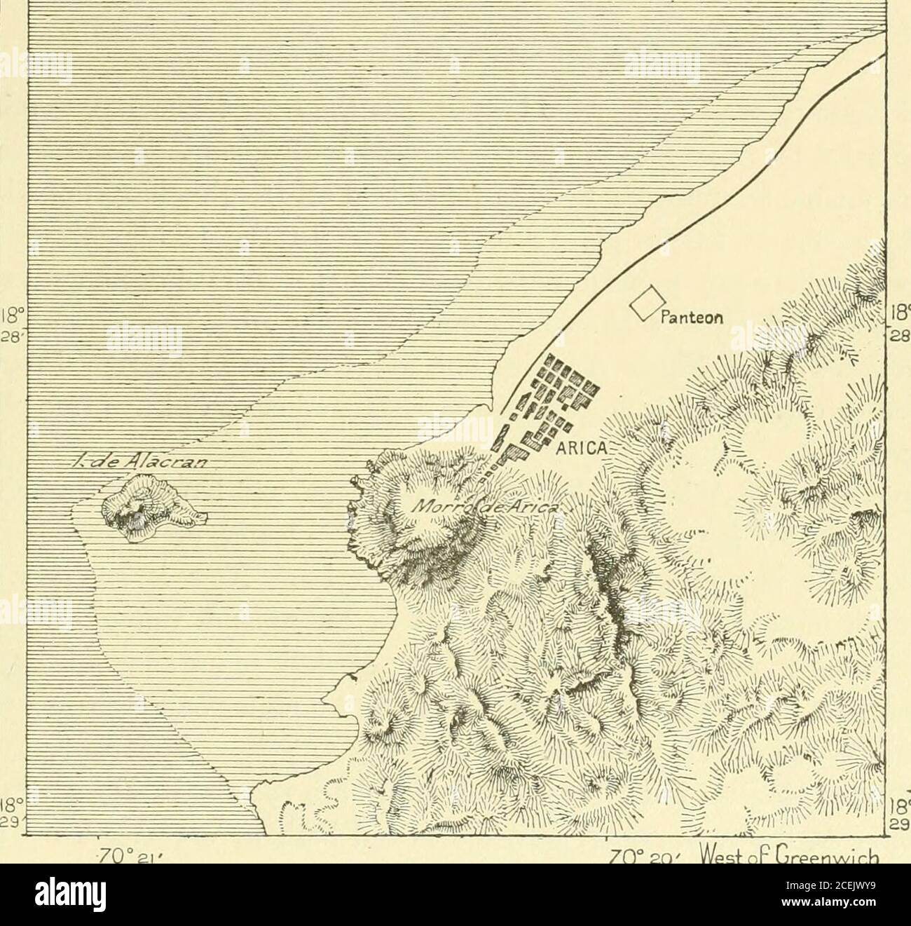 . Die Erde und ihre Bewohner ... Ionen des Bodens werden durch die unterirdischen Störungen verursacht. Gelegentlich sind die Schocks extrem gewalttätig, und Arica, die im Jahr 1605 zerstört wurde, litt viel in der Mitte des achtzehnten Jahrhunderts. Die Erdbeben von 1868 und 1877 waren noch verheerender, weil es zu einem blühenden Handelsplatz geworden war. Aber so stark gebaut sind die Häuser, dass sie wenig Gefahr laufen, gestürzt zu werden, und der Chef gefährlich kommt aus dem Meer, das zuerst zurückzieht, so dass die Schifffahrt am Strand gestrandet, TOPOGKAPHY VON CHILI. 449 und kehrt dann in einem Wunderbaren zurück Stockfoto