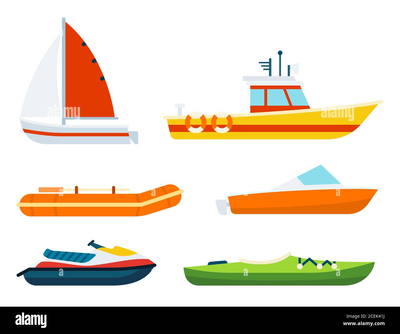 Eine Reihe von Booten verschiedener Art und Zwecke Vektor-Illustration in einem flachen Design. Stock Vektor