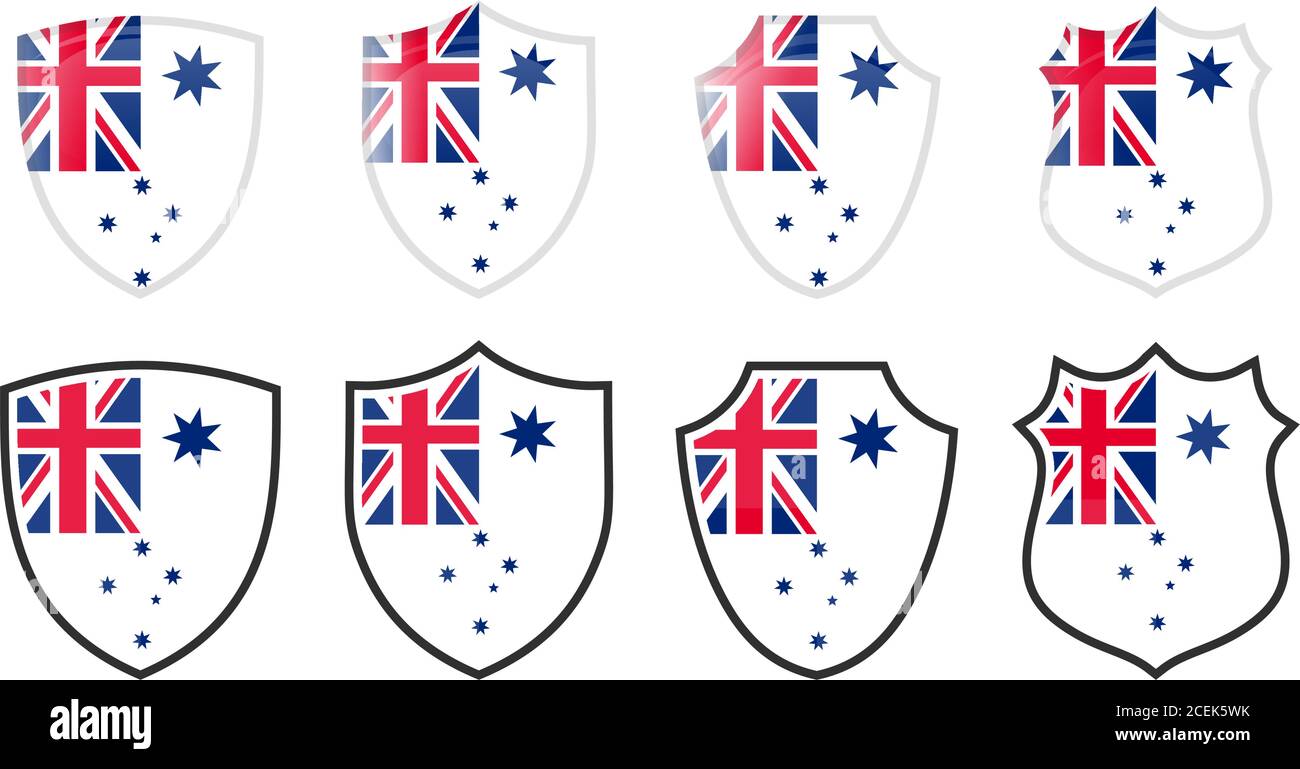 Vertikale Australien White Ensign Flagge (Marine) in Schildform, vier 3d und einfache Versionen. Australisches Symbol / Zeichen Stock Vektor