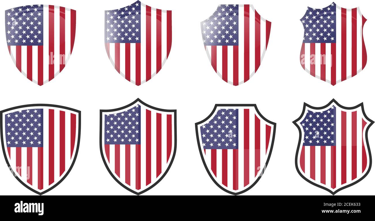 Vertikale USA Flagge in Schildform, vier 3d und einfache Versionen. Amerikanisches Symbol / Zeichen Stock Vektor