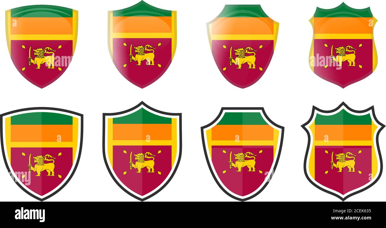 Vertikale Sri Lanka Flagge in Schildform, vier 3d und einfache Versionen. Ceylon-Symbol/-Zeichen Stock Vektor