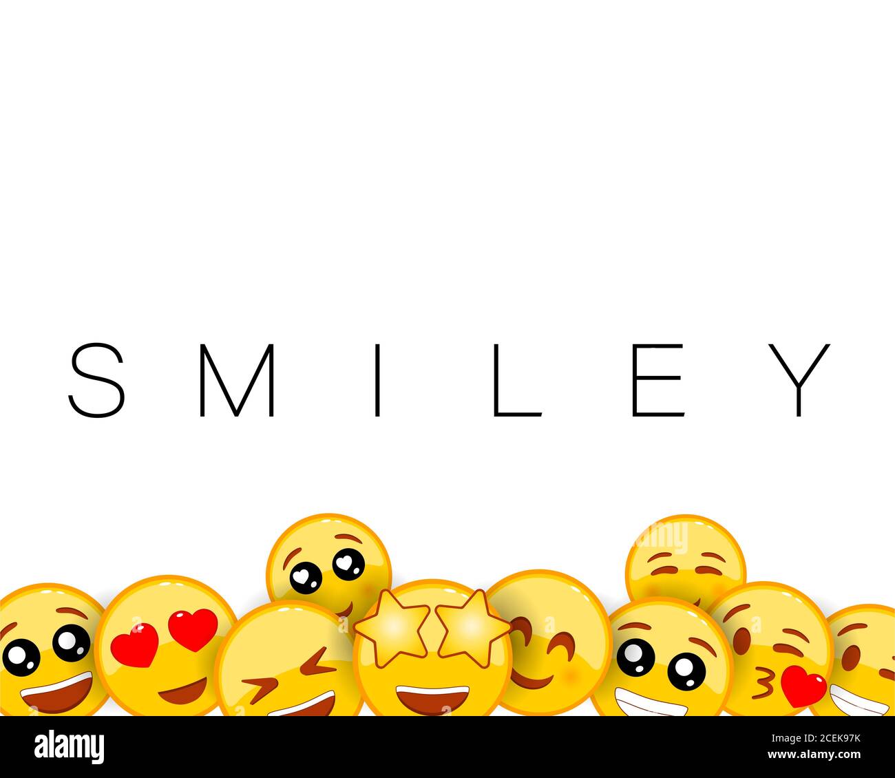 Smiley-Hintergrund-Design mit gelben Emoticons von lustigen und fröhlichen Mimik. Leeres Leerzeichen für Text. Set von Emoji. Vektor auf isoliert Stock Vektor