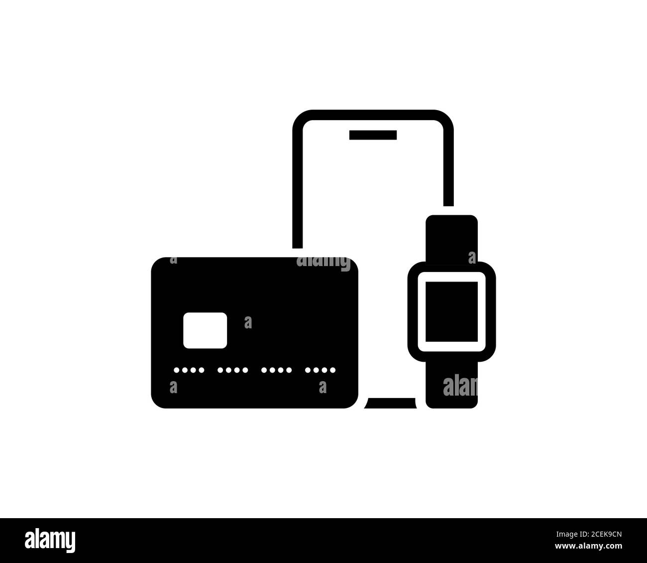 Kreditkarte, Handy, Smart Watch. Finanzdienstleistungen, Bargeldüberweisung. Symbol für kontaktlose Zahlung. Vektor auf isoliertem weißem Hintergrund. EPS 10 Stock Vektor
