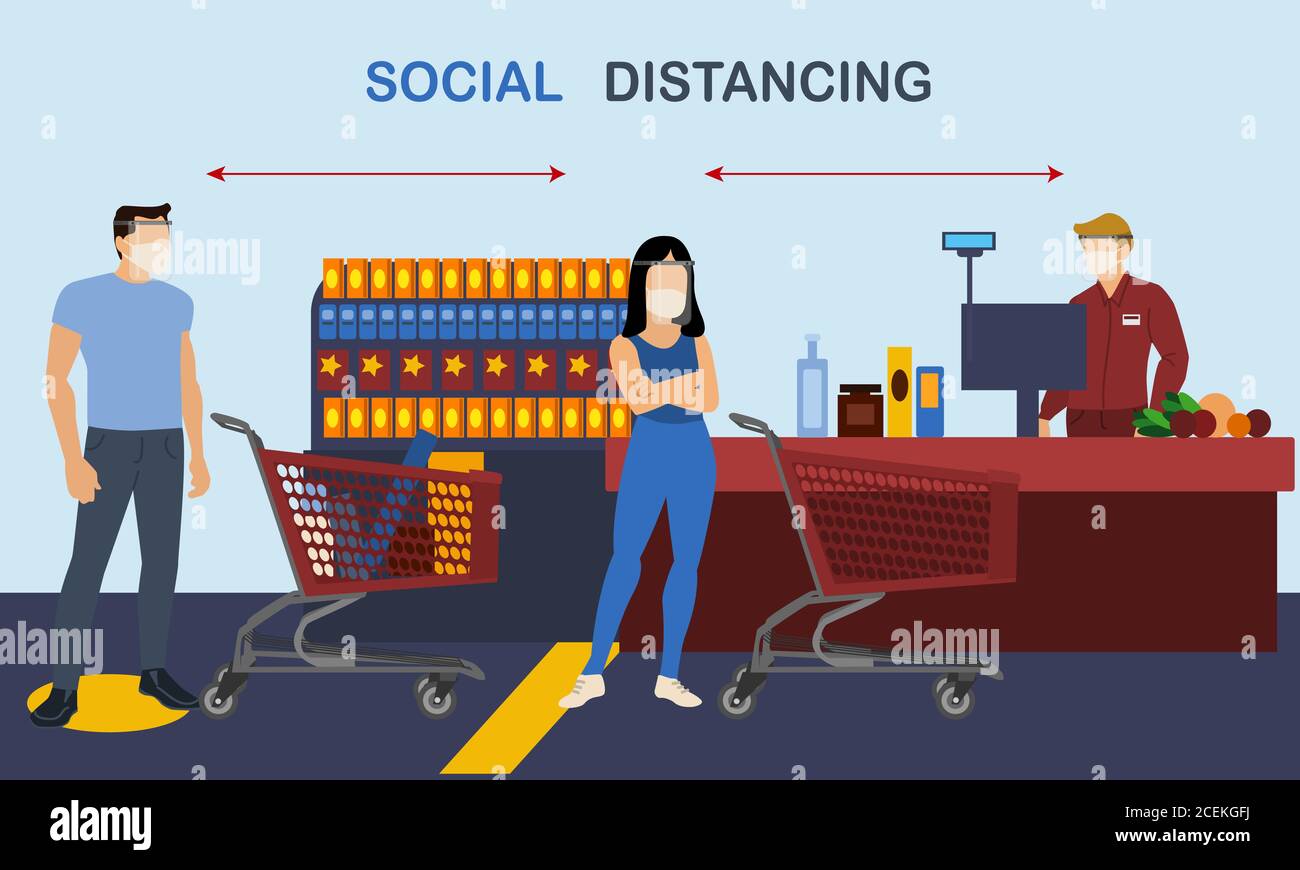 Die Menschen im Supermarkt warten mit sozialer Distanzierung Text Stock Vektor