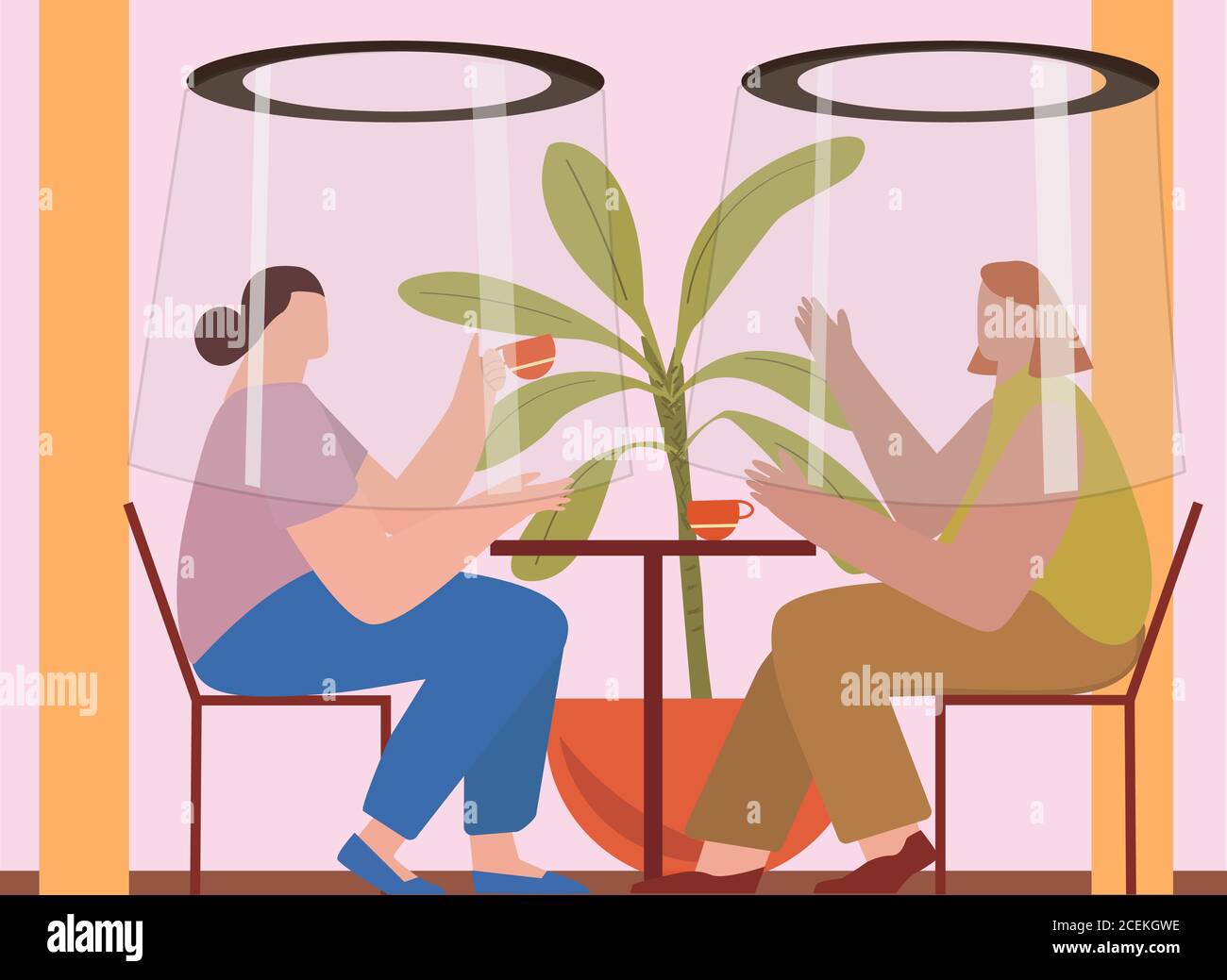Frauen trinken Kaffee und reden in einem Restaurant mit Schutz Kapsel - Virusinfektion vorbeugen Stock Vektor