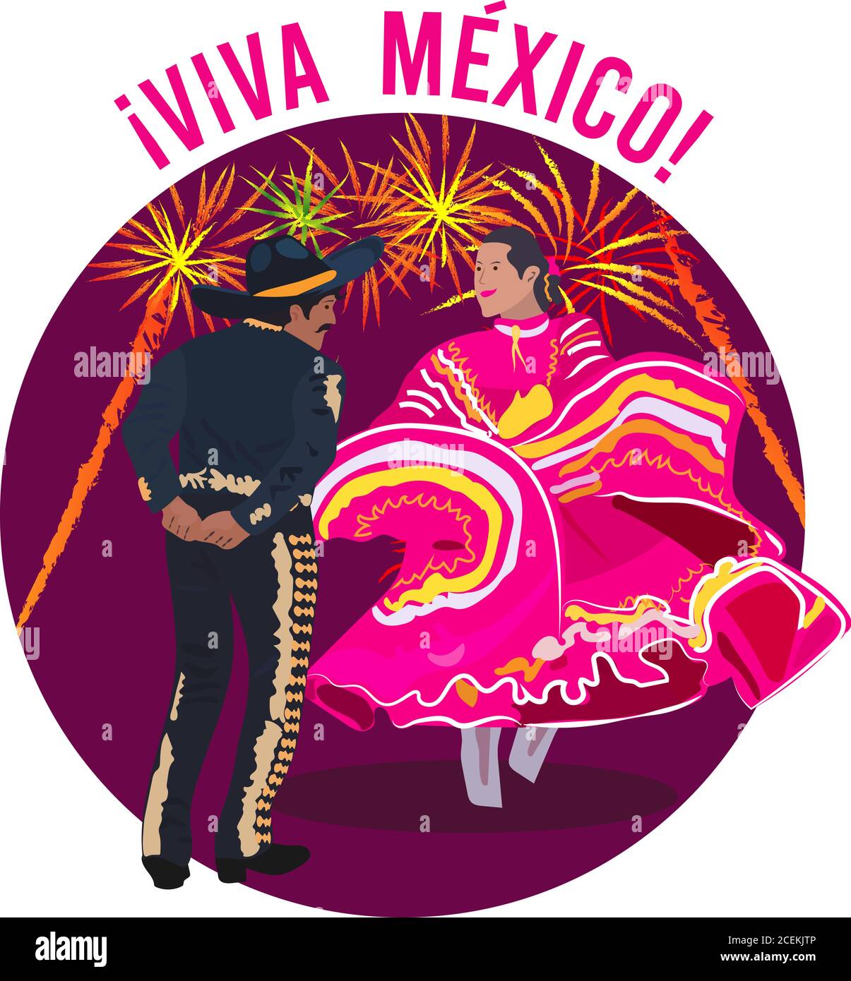 Paartanz traditioneller mexikanischer Tanz und Text auf Spanisch: Es lebe Mexiko Stock Vektor