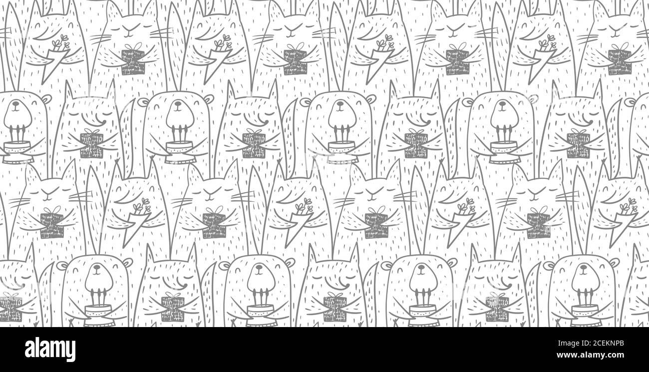 Nahtlose Baby-Muster mit Katzen, Fuchs, Kaninchen und Bär Geburtstag paty für Tiere Hand gezeichnete Doodle Vektor-Illustration Stock Vektor