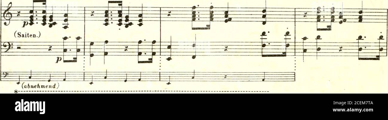 . Parsifal : ein Bühnenweihfestspiel. Dieser Takt wird,als Erwachsene» und dann abnehmendes Gloekengelänte.nach Notenvorschrift viermal-wenn nofhis- auch ofter-wiederholt.  60 CÜRNEMAKI. t-vr r r, m . ,m m nun ach - te wohl, and Lassmich sehn: Bist du ein (durch aufsteigende gemauerte Klänge führen,hat die scene sieh vollständig verändert: GURNEMANZ und PARSIFAL. M «t r fy if^pp P n r ig -s-- Thor und rein, welch Wis.sen dir auch mag beschie.den sein. Treten jetzt in den machtigen Saal der Gralsburg ein .) . molto Stockfoto