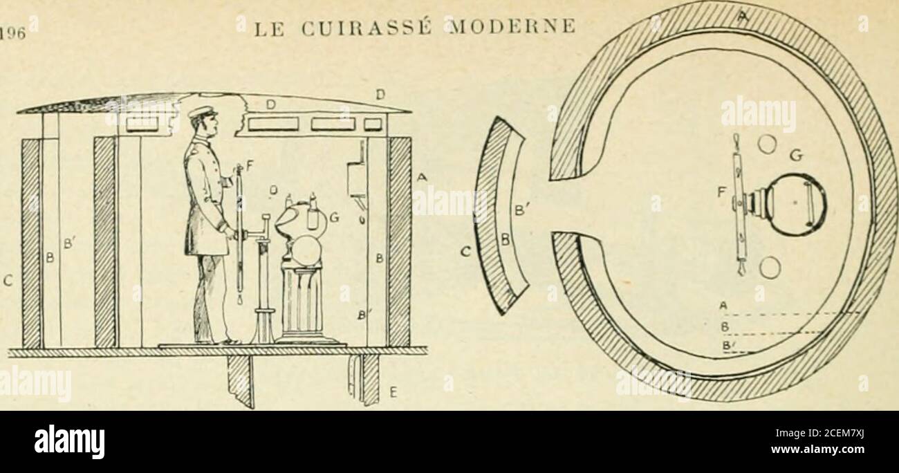 . le Monde moderne. bâtiments contre les tor-pilles consistente dans le compartimentageou Division de la coque en cellules étan-ches, dans lusage des canons-revolvers,des tir-rapide et dans lemploi du filletBullivan. CE filet est métallique; ilentoure le cuirassé des flancs duquelil est écarté par des perches ou tan-gons à une distance de 7 mètres. Lesfillets ne se placent quau mouillage ou,la nuit, lorsquon craint une attaquede torpilleurs. ILS ont linconvénientde retarder la marche dun cuirassé etde réduire sa vitesse à 4 ou 5 nœuds :ils lempêchent dévoluer et il est im-possible de sen servir Pen Stockfoto