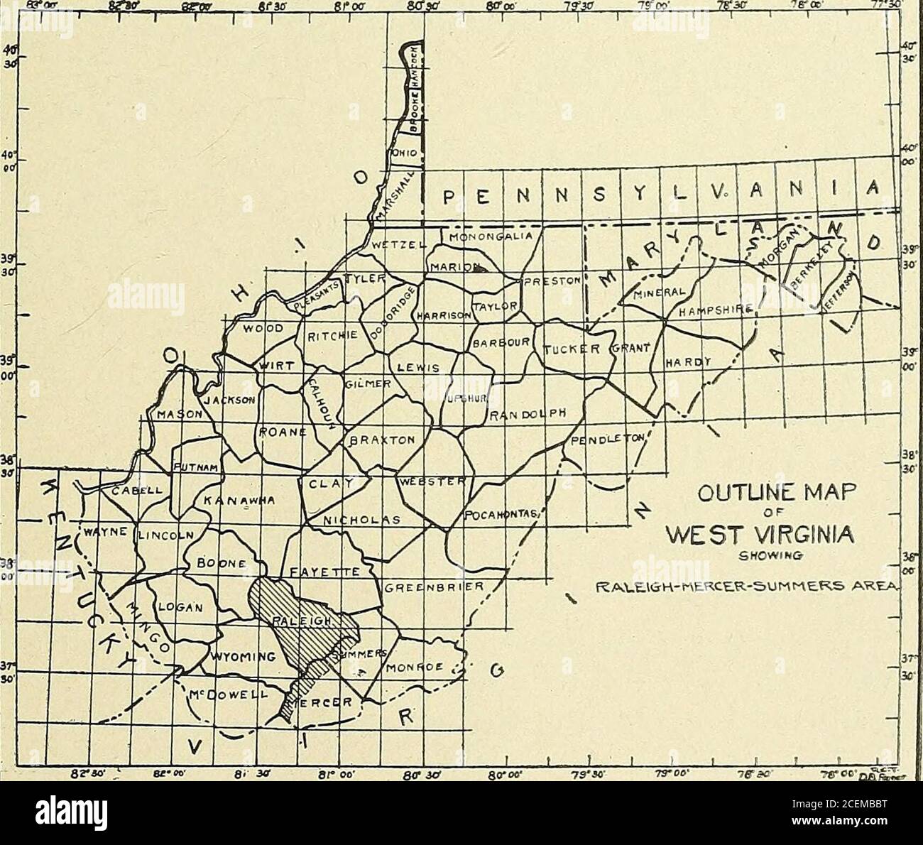 . Raleigh County und die westlichen Teile der Grafschaften Mercer und Summers. Abbildung 1: Siehe Erläuterung auf Abbildung. ■ SCW KM , GG. Abbildung 2: Siehe Erläuterung auf Abbildung. XX AUTOREN VORWORT. Sowie das Eintauchen und Streichen der Gesteinsschichten an jedem beliebigen Punkt, deren Kenntnis für den zukünftigen Abbau der verschiedenen Kohlenähte von großem Wert ist. Die Kapitel über Kohle geben die allgemeine Verteilung der abbaubaren Betten zusammen mit ungefähren Schätzungen der verfügbaren Fläche und Tonnage jeder Ader, mit einer abschließenden Zusammenfassung der gesamten verfügbaren Kohle für die Grafschaften. Die kommerziellen Minen und Öffnungen sind refe Stockfoto
