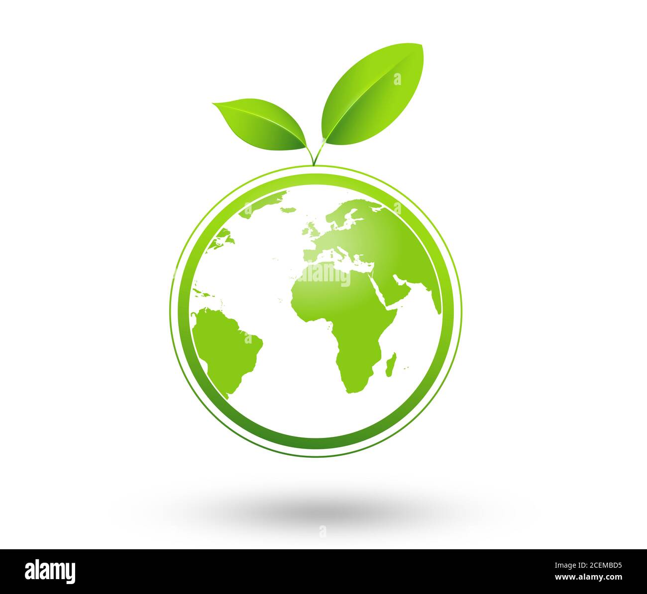 Grüne Erde, grüne Blatt Kunst. Ökologie Konzept. Weißer Hintergrund, Illustration. Stockfoto