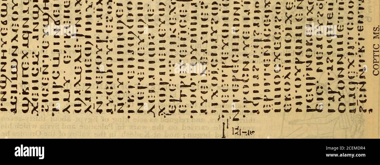 . Die Heilige Bibel mit dem Alten und Neuen Testament ... 9i Platte X. – ÄTHIOPISCHE MS. (Gen. XXIX. n-i6) - fünfzehnten Jahrhundert.(British Museum, Oriental MS. 480.)am Rand des Manuskripts, fol. za, wird festgestellt, dass dieses Buch des Gesetzes gehörte zu theHoly Retter of the World, dh zu der Kirche, die König Theodore geplant zu bauen atMagdala. SF 3* A;. PLATTE XI. – KOPTISCHE MS. (St. Lukas V. 5-9) – Achte Jahrhundert oder früher.(Zouche Collection.)das Neue Testament, geschrieben in der Sahidic oder Theban Dialekt der koptischen Sprache. Es ist eines der ältesten bekannten koptischen MSS. Der Bibel. Die Buchstaben ^.k Stockfoto