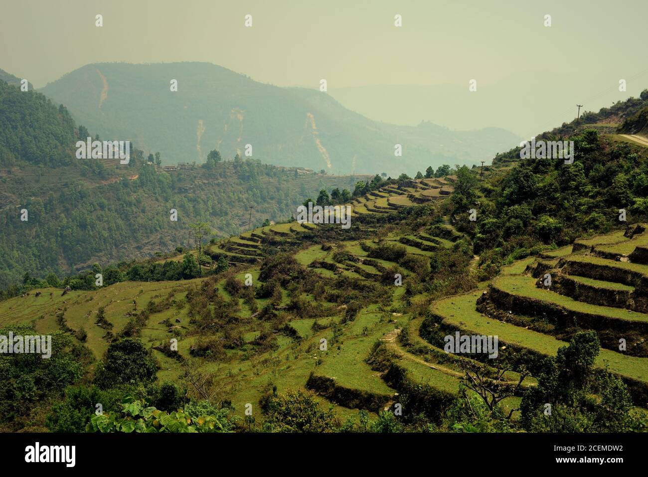 Landwirtschaftliche Terrassen und Blick auf die Berge aus Sidhane Dorf in Kaski Bezirk, Gandaki Pradesh Provinz, Nepal. Stockfoto