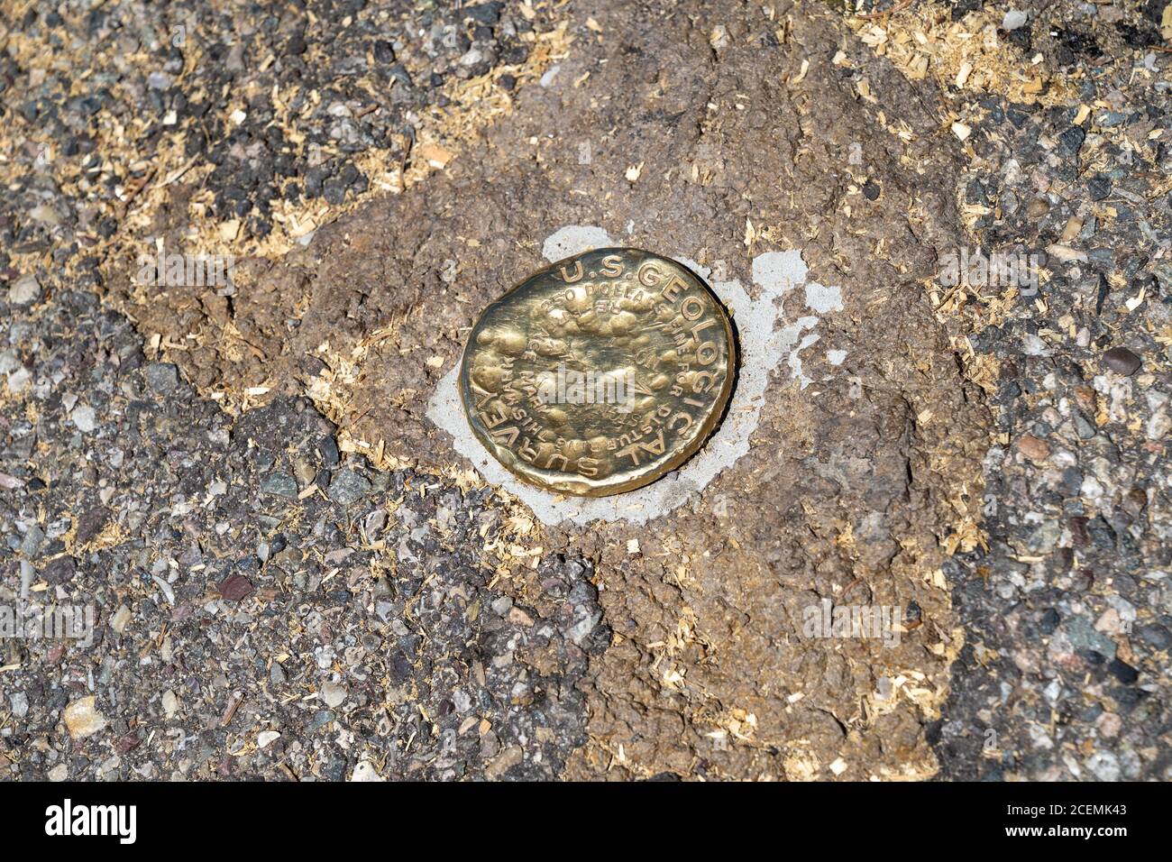 Wyoming, USA - 26. Juni 2020: Offizieller US Geological Survey Marker auf dem Signal Mountain Overlook im Grand Teton National Park Stockfoto