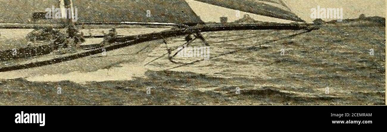 . Jachten und Segeln; eine Zeitschrift, die dem Aufbauen des edlen Yachtsports gewidmet ist. Zum Verkauf – sehr gut in der Lage Kielcruisen, sloop, 3G ft. O. a., 27 ft. 1. w. 1., 11 ft. G-Zoll-Strahl, 3 m drauslit. Gebaut 1906 in Waldoboro, Me., auf exakten Linien eines Gloucester Fischers.ist ver.V stark gebaut, viel schwerer und stärker als jede andere Yacht dieser Größe und sollte ein Leben lang halten. 5 Tonnen Ballast, 3,500 lb. Innen, 6,500 lb. Außen; WasserdichteCockpit; Rad; große Hauptkabine, sechs Schlafplätze; zwei große Schränke, separater Toilettenraum und Kombüse, inklusive Eisbox. Spülbecken, Abfluss an Bord, Regale, Herd Stockfoto