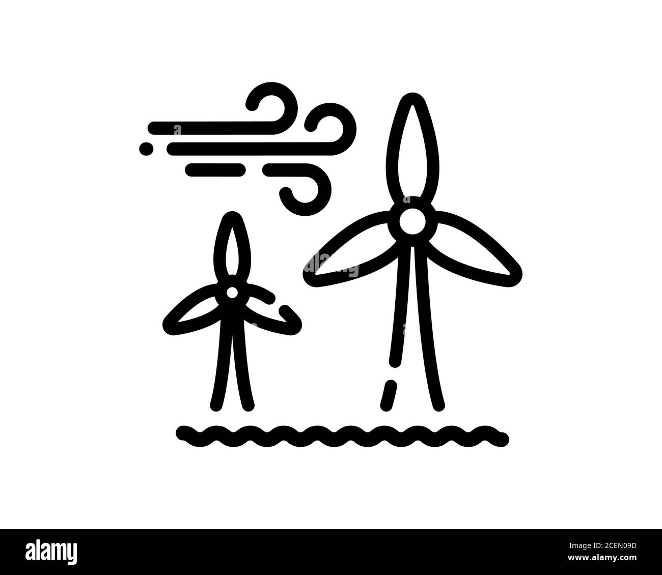 Liniensymbol für Offshore-Windenergieanlagen. Windpark Energieschild. Grüner Strom. Vektor auf isoliertem weißem Hintergrund. EPS 10 Stock Vektor