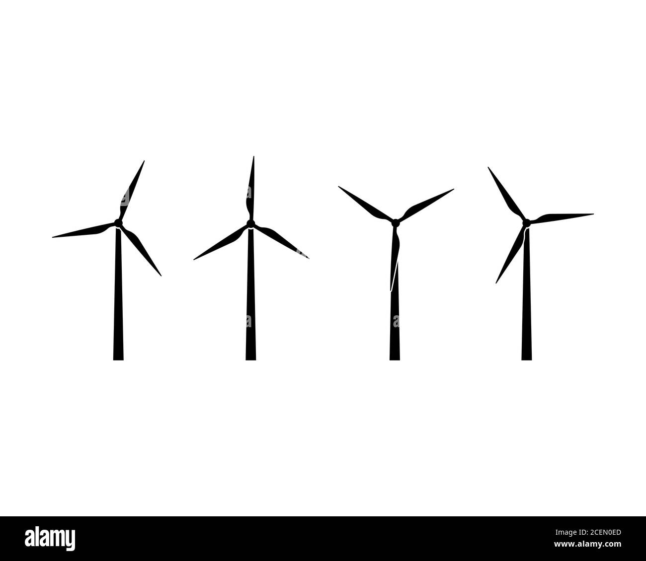 Silhouetten von Windenergieanlagen Icon Set. Windpark Energieschild. Grüner Strom. Offshore. Vektor auf isoliertem weißem Hintergrund. EPS 10 Stock Vektor