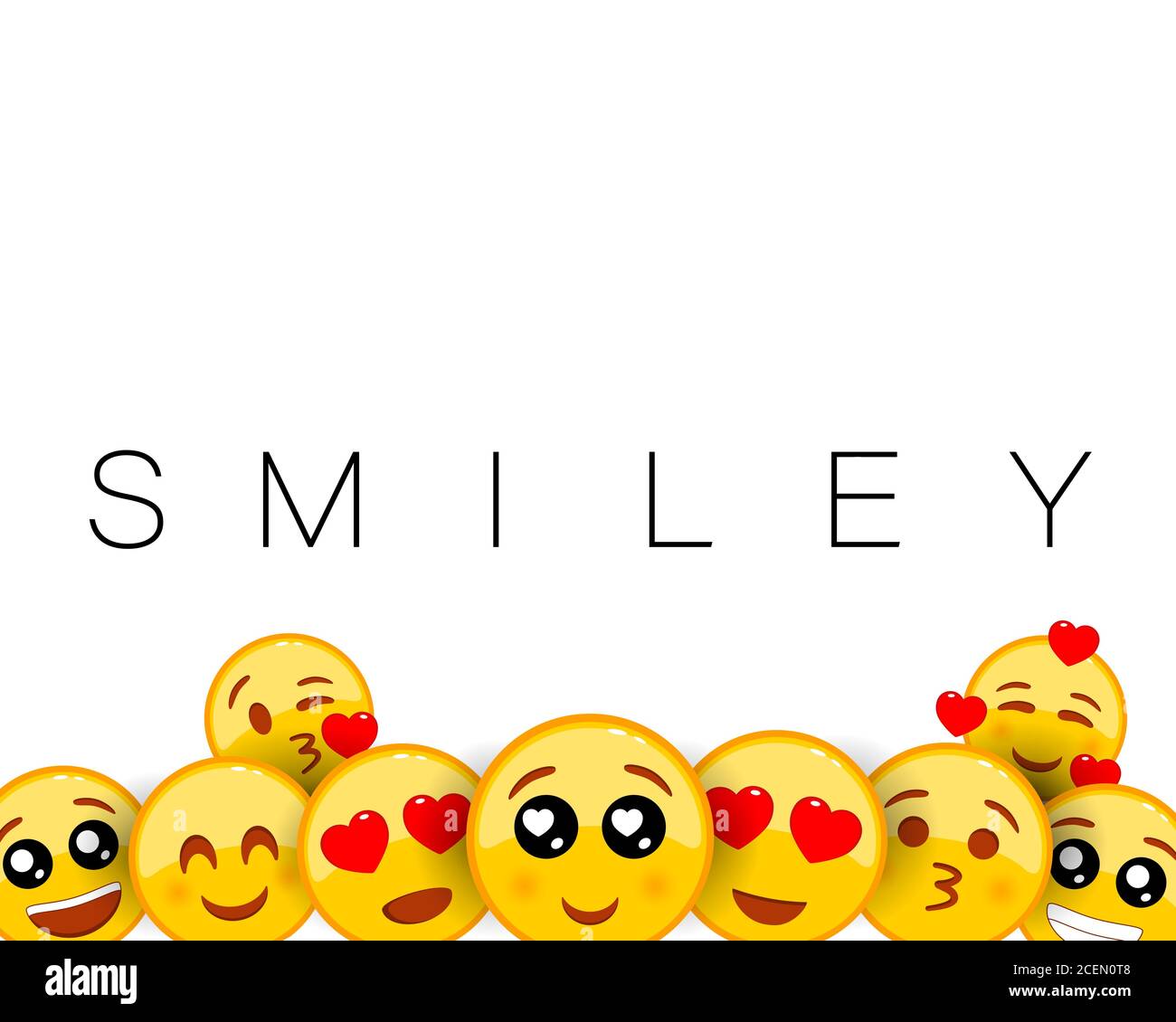 Smiley Hintergrund mit gelben Emoticons mit herzförmigen Augen. Liebevoller Gesichtsausdruck. Liebe, Valentinstag. Leeres Leerzeichen für Text. Vektor ein Stock Vektor
