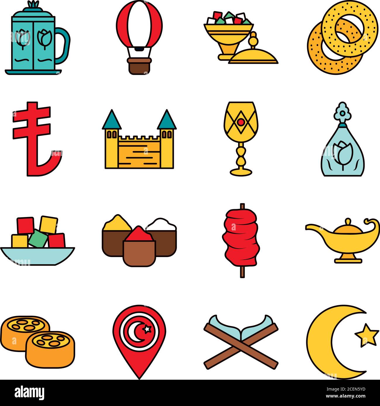 Icon Set von türkei Land und magische Lampe über weißem Hintergrund, Linie und Füllung Stil, Vektor-Illustration Stock Vektor