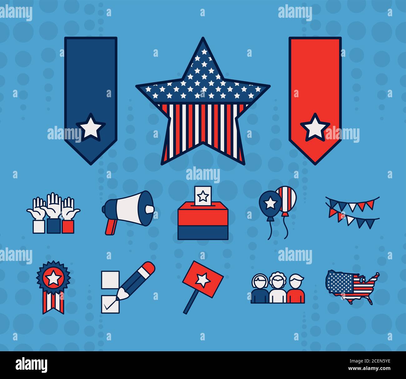 Stern- und usa-Wahlen-Symbol auf blauem Hintergrund, Linie und Füllung Stil, Vektor-Illustration gesetzt Stock Vektor