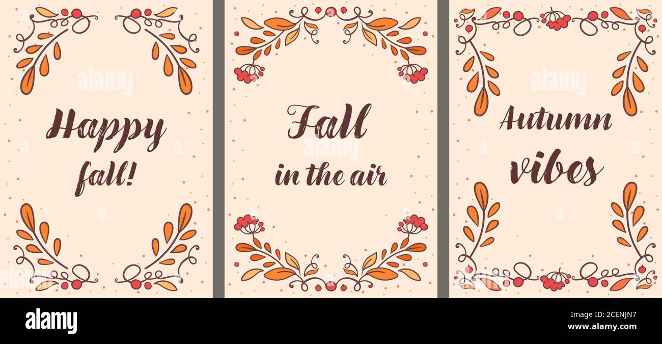 Set von Vektor-Grußkarten, Herbststimmung. Happy Fall - Postkarten mit Herbstblättern und Beeren Stock Vektor