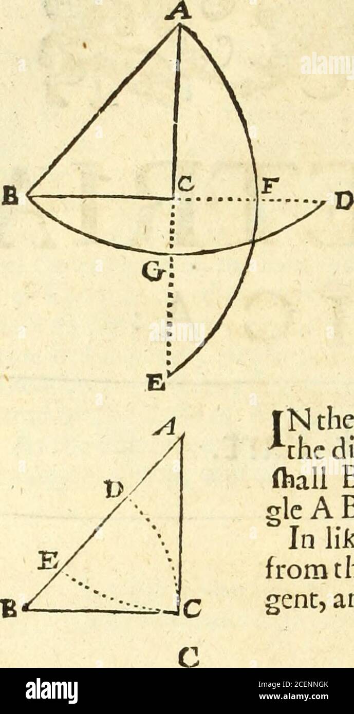 . Trigonometria. Er Dilbuice A B, und von den Zentren A und B, e lassen die Arks B G^Danda F E werden verschieben ibed, dann (Halle die Beine A C und BC-bethe Linien der Winkel an A andaB: Denn sie sind die Halben der futtenfes A C £ und BCD. Und daher, wie die Geldstrafe von B, zu A C, das heißt zum Fi tie A C: So ist die Geldstrafe von A, zu B C, das heißt, zu der Geldstrafe B C. Prop 2. /» a re£la&gt;iguläres Dreieck, wenn vom angula* Punkt eines Winkels* und mit der Difianoe eines Beins, eine Peripherie bedefcribed, entweder Bein (Halle ist der Radius, das andere Bein eine Tangente,unddie Hypotenufa {oder Fide fubt endend das rechte a Stockfoto