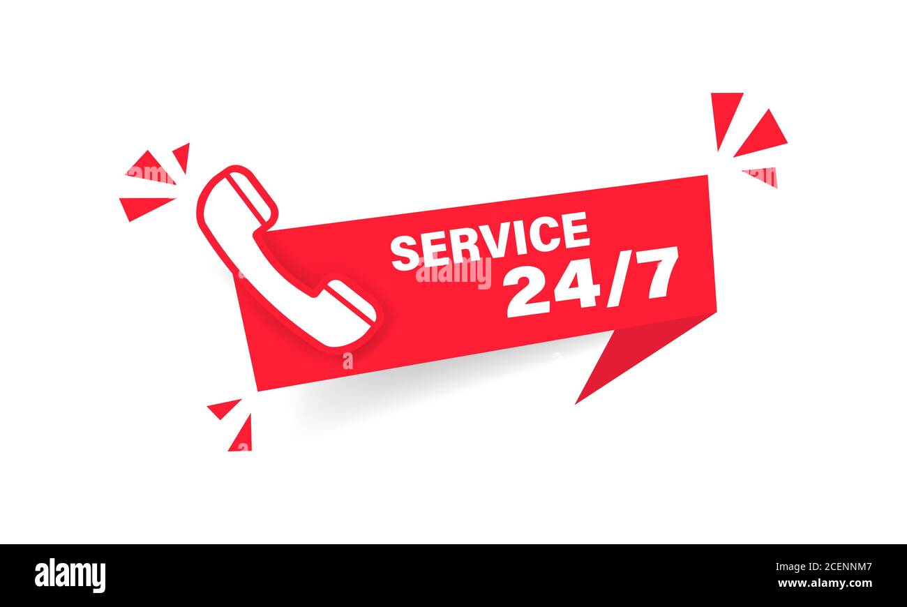 24 7 Service rotes Etikett. Webbanner. Telefonsymbol. Vektor auf isoliertem weißem Hintergrund. EPS 10 Stock Vektor
