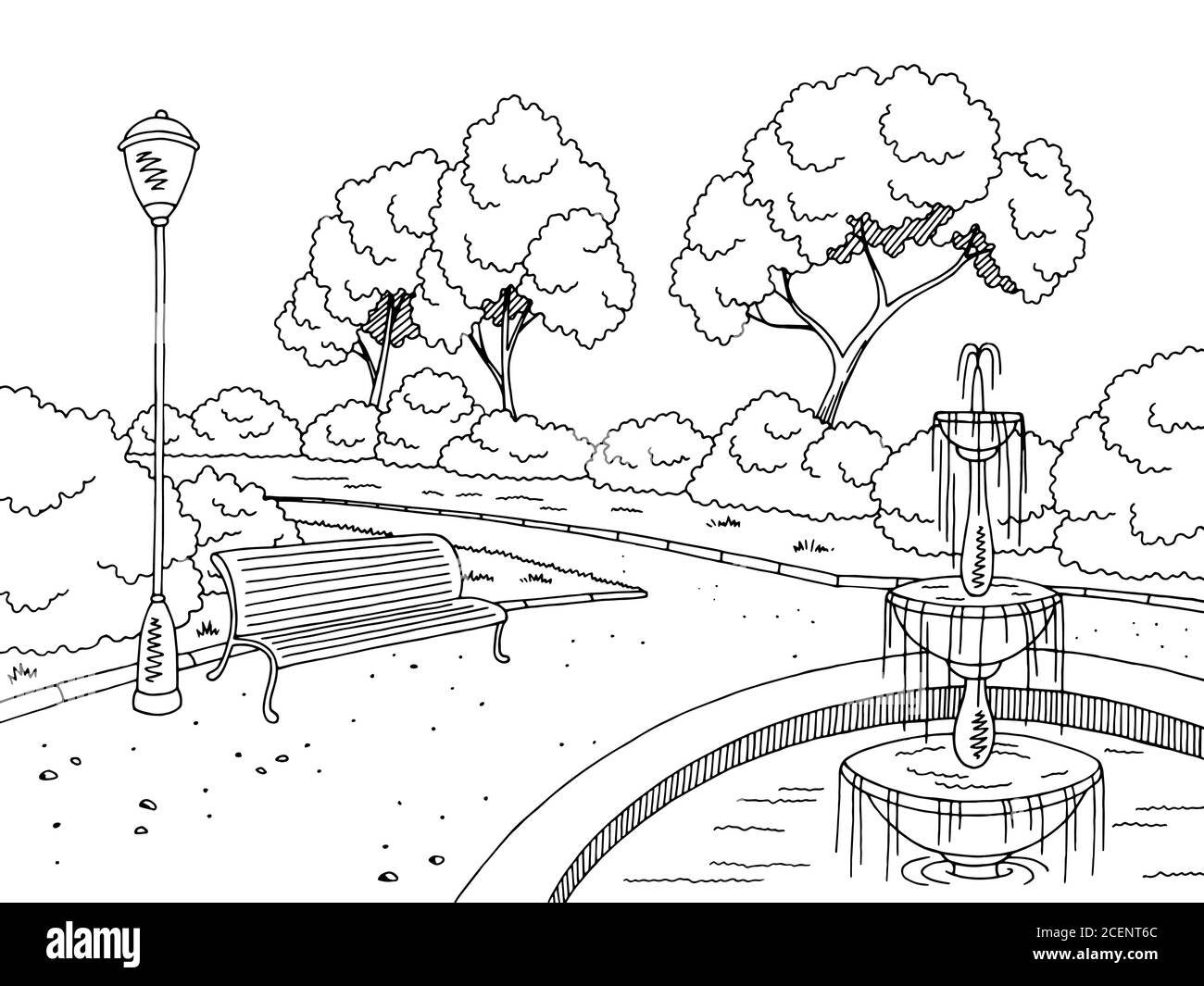 Park Brunnen Grafik schwarz weiß Landschaft Skizze Illustration Vektor Stock Vektor
