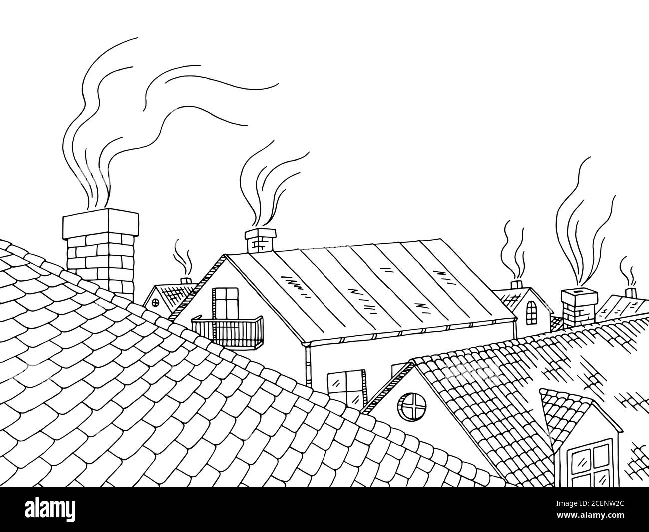 Dachgrafik schwarz weiß Stadt Landschaft Skizze Illustration Vektor Stock Vektor