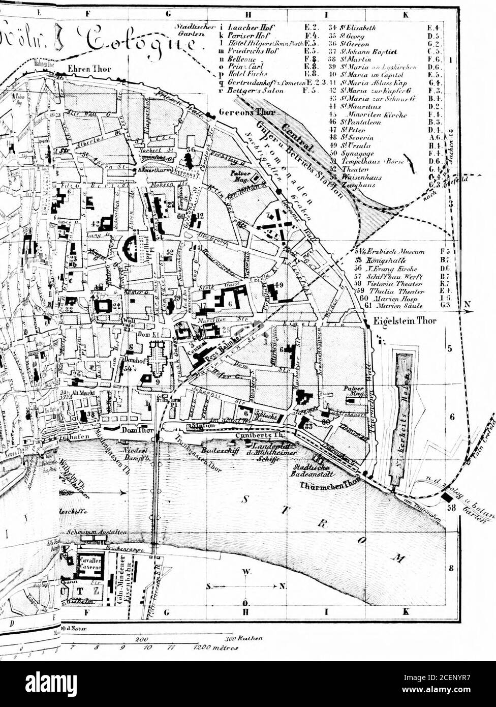 . Rhein und Norddeutschland: handbuch für Reisende. D :inus1 attt, EdavaijiLCT.. KÖLN. 3. Route. 15 Bäder. Warm bei Siegers, in der Schildergasse; im Badebetrieb, Eingang von der Brücke. Kalt im Rhein, unter der Trankgasse, am Hacken der Rheinau, und am Bayenthurm; (jn die r.hank unter dem Garten ol die T.ellevue in Dcutz. In dessen Nähe sich auch die w i m in i n g - B a t h , 5 .Sgr. Bahnhöfe. Die Züge nach Bingen, Aix-la-Chayelle und Crefeld, und der Express der Köln und Jlinden und der Bern 4»d Mark Geldbußen, starten von der Central .Stati Stockfoto