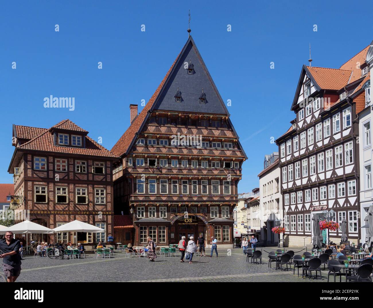 Bäckeramtshaus-Café Engelke, Museum Knochenhauerhaus und Stadtschenke am historischen Marktplatz, Hildesheim, Niedersachsen, Deutschland, Europa Bäcke Stockfoto