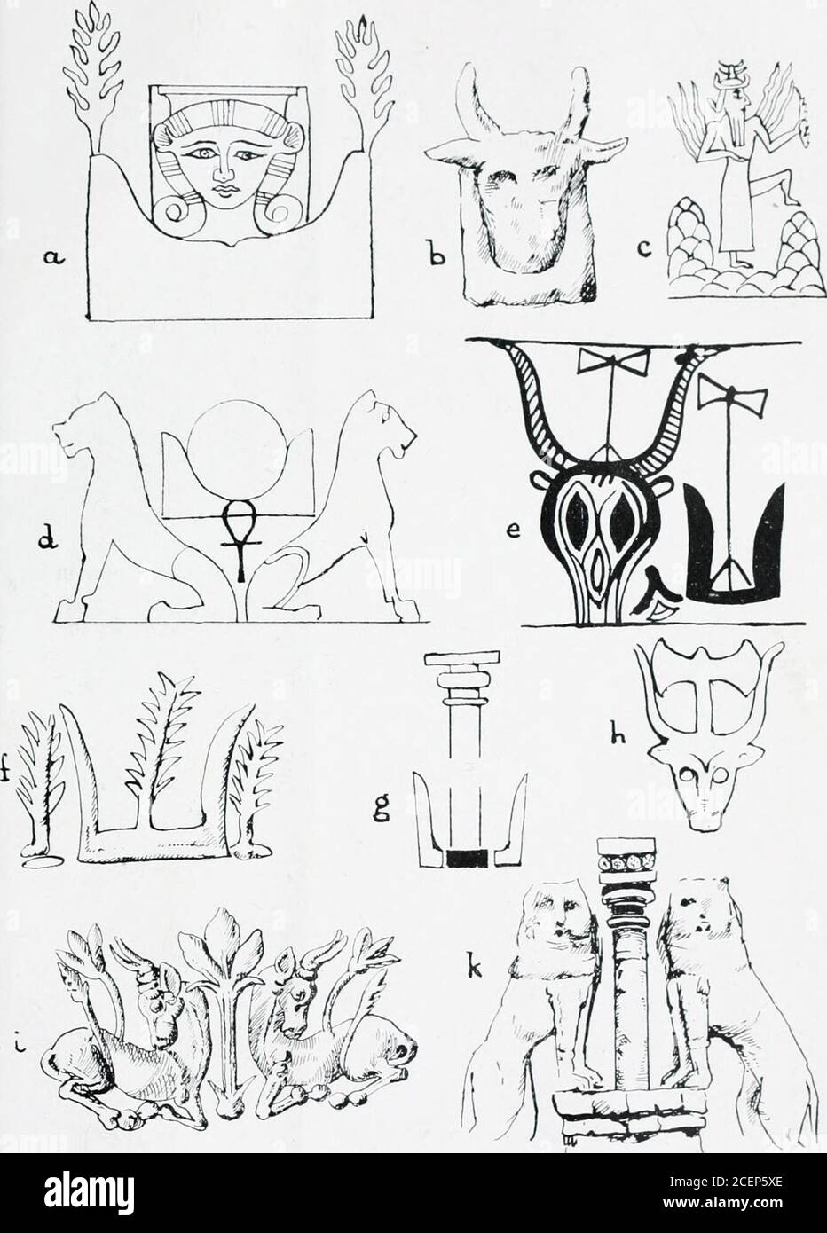 . Die Entwicklung des Drachen. Aus dessen Rücken die Bäume der östlichen Berge sprießen. Diese Bezeichnung bestätigt die Vermutung, dass der Ostgebirgstau mit dem Kuhkopf (siehe b und c) oder mit der Kuh selbst verwechselt werden soll.Newberry (^Ainia/s of A/r/iico/ogv ami Aiithropoloo^w Liverpool, Vol. I,p. 28) hat die Aufmerksamkeit auf die intime Assoziation (im protodynastischen Ägypten) der östlichen Berge, der Bulle und der Doppelaxe – ein gewisses Zeichen des kulturellen Kontakts mit Kreta, gelenkt. (/i) die berühmte Skulptur über dem Löwentor bei Mycenae. Die Säulenform des Großen Mot Stockfoto