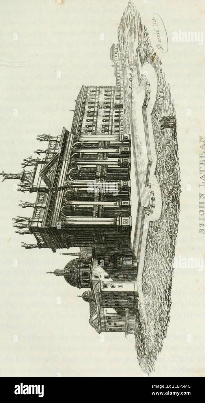 . Neuer Reiseführer von Rom, Neapel und Umgebung. IRINAL. PIAZZA S. JOHN LATERAN. X Hus benannt nach Plautius Lateran, der dieses Viertel residierte. Der durch Feuer zerstörte Palast wurde von Sixtus V. nach ihe-Entwürfen von DomenicoFontana wieder aufgebaut. Der jetzige Papst hat sie wieder hergestellt. BASTISTRY VON CONSTANTIME. Dieses Gebäude wurde von Konstantin im La-Teran Palast angehoben, als er die Kirche errichtete, es wurde im IX Jahrhundert restauriert, dann von Gregory Xll und im Jahr 1610 vonUrban Yll. Eine antike Urne aus Basalt dient als bap-tismal-Schrift, sie wird von einer Kuppel überragt, die von zwei Colu-Reihen getragen wird Stockfoto