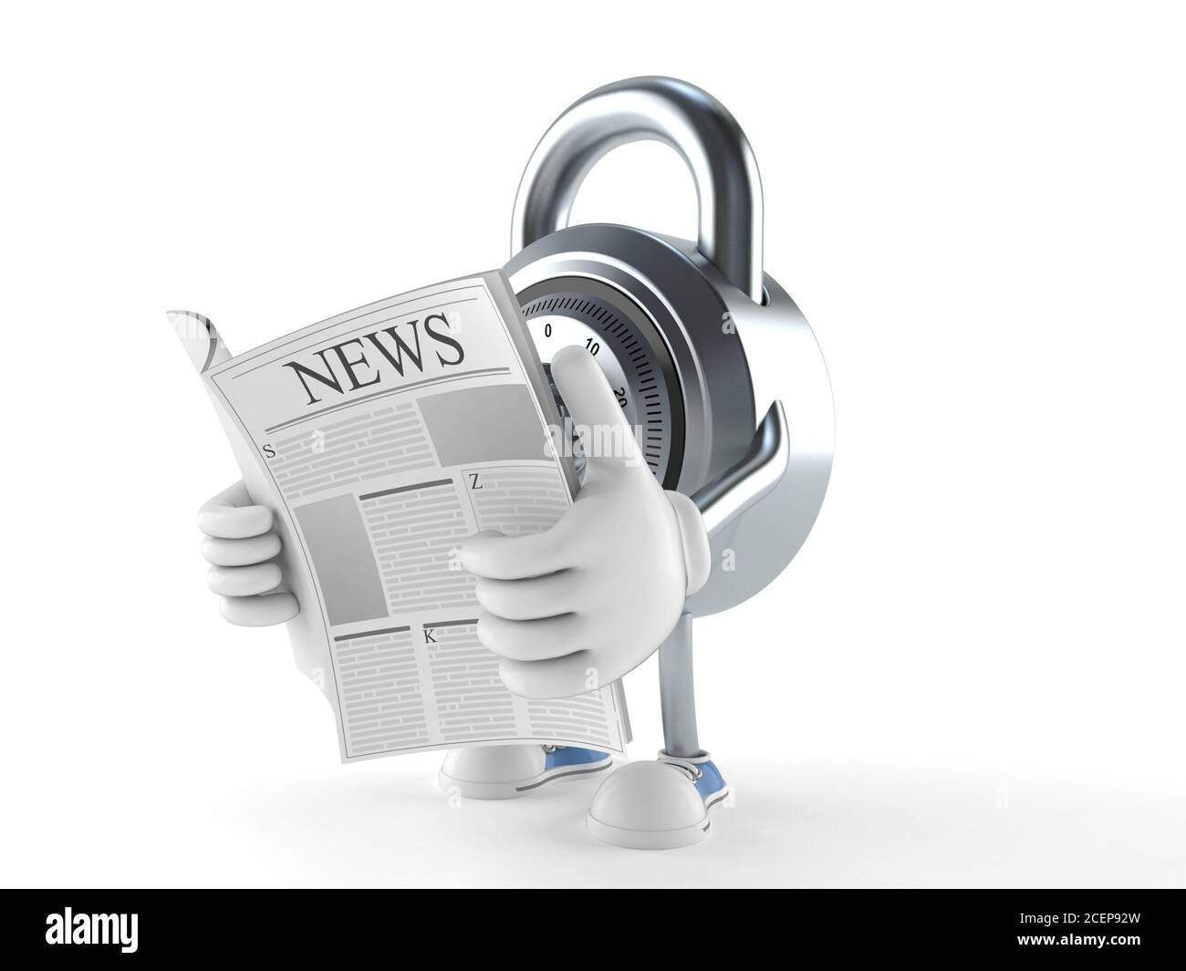 Kombinationsschloss-Zeichen beim Lesen einer Zeitung auf weißem Hintergrund Stockfoto