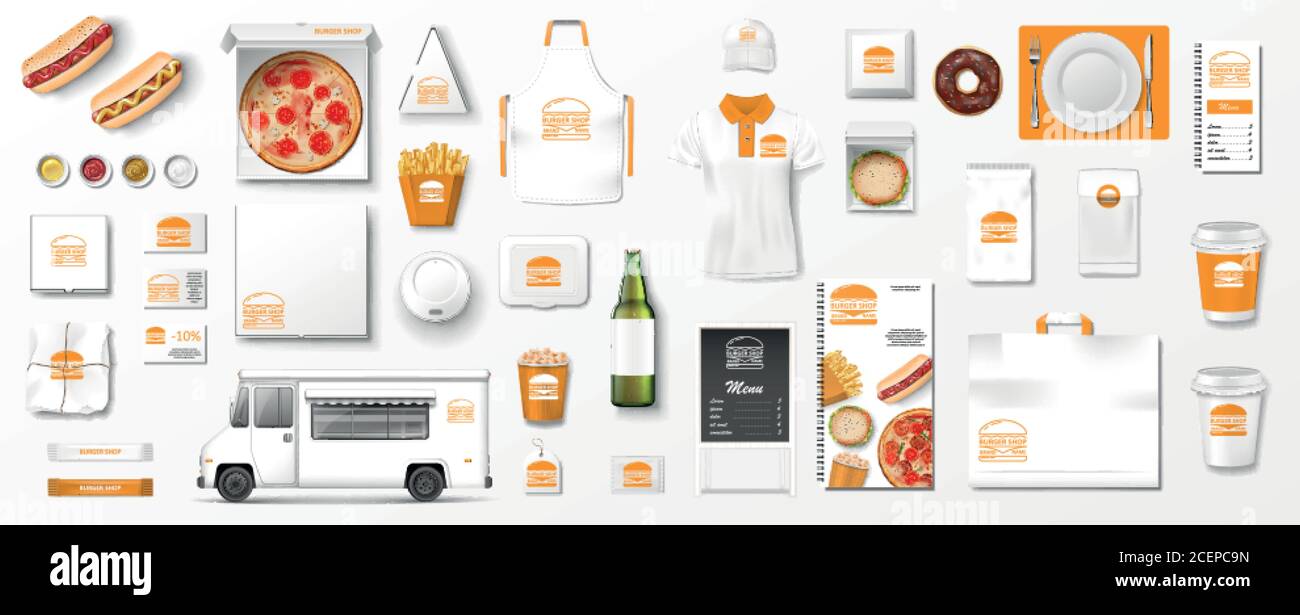 Realistisches Fast-Food-Mockup-Set, Draufsicht für Restaurant- oder Cafe-Menü. Fastfood-Vorlage isoliert Hamburger, Pizza, Popcorn, Lieferwagen, Bier Stock Vektor