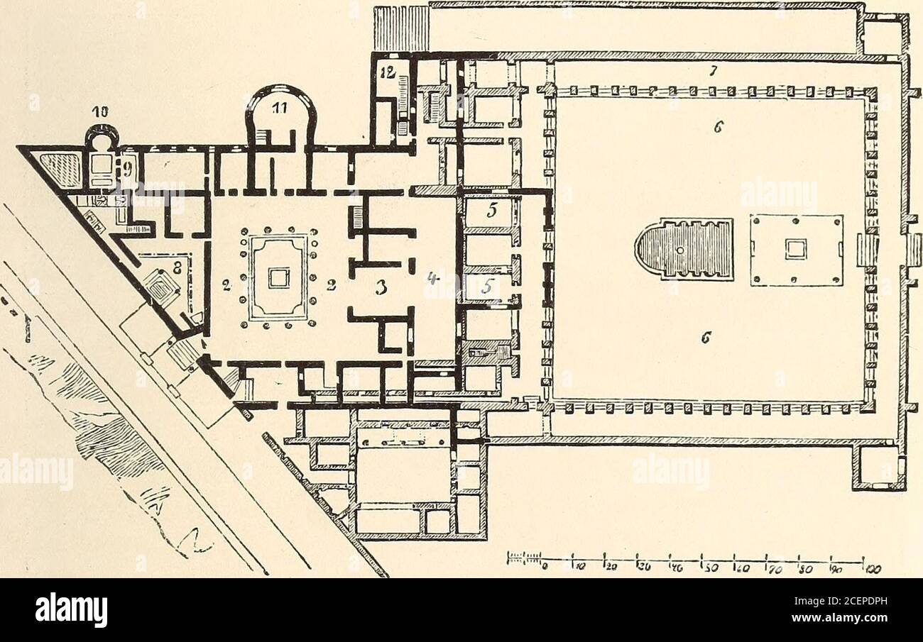 . Das Leben der Griechen und Römer. War die Poikile, angrenzend, die eine Basilika und um Gebäude liegen, höchstwahrscheinlich das Prytaneum von Spar-tianus erwähnt. Sogar das Tal von Tempe war nachgeahmt worden, während Hades von einigen in einem noch erhaltenen Labyrinth der unterirdischen Kammern erkannt wird. Die Architektur war technisch perfekt, wie die restlichen Ziegelmauern und Gewölbe zeigen: Einige VILLA VON DIOMEDES IN POMPEJI. 373 der Ruinen scheinen zu beweisen, dass die Wände wurden mit slabsof Marmor geschmückt, und dass die gewölbten Decken wurden mit Stuck überzogen.zahlreiche Fragmente von Säulen, Balken, valu Stockfoto