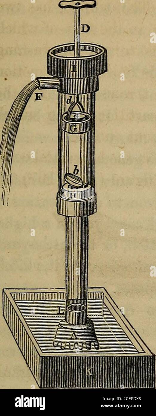 . Farm implementiert, und die Grundsätze ihrer Konstruktion und Verwendung, eine elementare und vertraute Abhandlung über Mechanik, und auf natürliche Philosophie im Allgemeinen, wie sie auf die gewöhnlichen Praktiken der Landwirtschaft ... Fähigkeit und Leichtigkeit der Arbeit die früher konstruierte Holz, und Excel Alothers in Billigkeit. Abb. 168 zeigt die Arbeit der COM-mon Pumpe, das Wasser zuerst durch das feste Ventil be-low, und dann durch die onein Kolben; beide nach oben öffnen, kann es nicht zurück mit-out sofort schließen sie fließen.das Wasser wird durch den Druck der Atmosphäre angetrieben, ex-plained Stockfoto