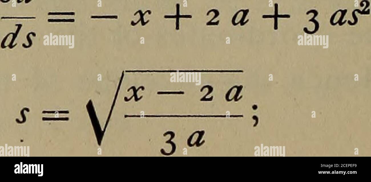 . Differential- und Integralrechnung. Spirale der Kurve. 204 Differentialrechnung BEISPIELE. 1. Finde die Gleichung der Hüllkurve der Linien, y = sx + --,s ist der variable Parameter. P 2 S hier U = y – sx – 2 S du p daher, –=– x + –„ =o:. s2 - als 2 s2 2 x d.h. y2 = 2px, y= . PA Parabel. Die gegebene Gleichung y – sx -f – wird als die Steigungsform der Gleichung der Tangente zur Parabel f = 2px rekogiert. Siehe Ana. GEOM., S. 96. Die Parabel ist natürlich die Hülle ihrer Tangenten. 2. Finden Sie die Hüllkurve der Familie der Linien durch jede der folgenden Gleichungen dargestellt : y sx Stockfoto