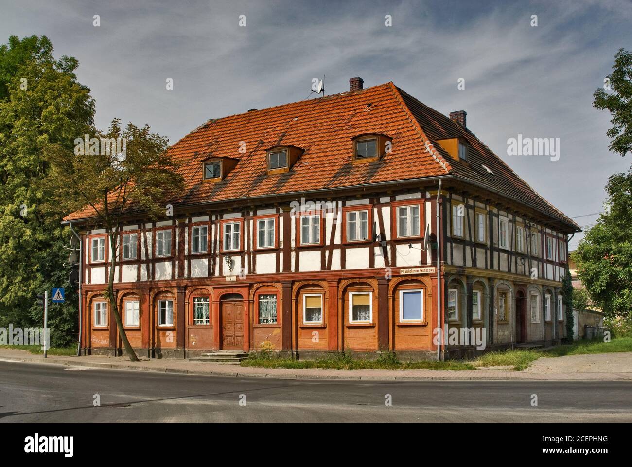 Fachwerkhaus Lausitzer Weber in Bogatynia, Niederschlesien, Polen Stockfoto