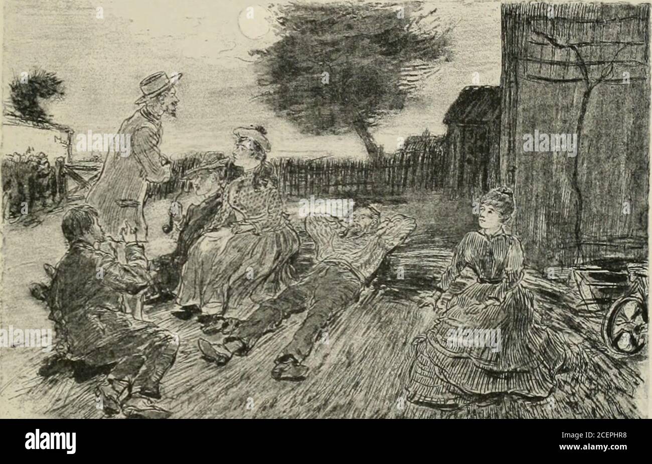 . Les Types de Paris. ,pour révéler un nouvel Art, dont on sera les prophètes. CES jeunes gens, surcette paille, au Milieu de la unit calme, font la conquête du monde. Mais, depuis quon se moque de cette grande andouille de Plancbet »,comme disent lis dames, les discussions du soir cessent parfois, et Morandentre en scène. Il laconte ses Duels. A ICN croire, il a d(jà couché dixhommes sui Iherbe, toujours pour des affaires de femmes. 11 faut leutendreinventer des détails effrayants. Il a eudiroché 1 un de part eu part; il a fendule nez à lautre; il a crevé les deux yeux à im troisième. Chaque Stockfoto