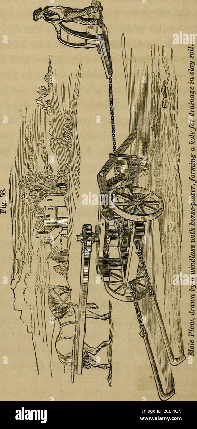 . Farm implementiert, und die Grundsätze ihrer Konstruktion und Verwendung, eine elementare und vertraute Abhandlung über Mechanik, und über die Naturphilosophie im Allgemeinen, wie sie auf die gewöhnlichen Praktiken der Landwirtschaft ... n thecircumference, auf die die Hand ist in turningit. In der Ankerwinde (zum Wiegen des Ankers) ist die Achse vertikal, und um sie herum werden horizontale Hebel angebracht, so dass mehrere Männer gleichzeitig arbeiten können. Die Kraft all dieser Formen lässt sich leicht durch die Regel der vir-tuellen Geschwindigkeiten berechnen – das heißt, dass die Geschwindigkeit, mit der sich die Kraft bewegt, um ein Vielfaches größer ist als die ve-Lokalität von t Stockfoto