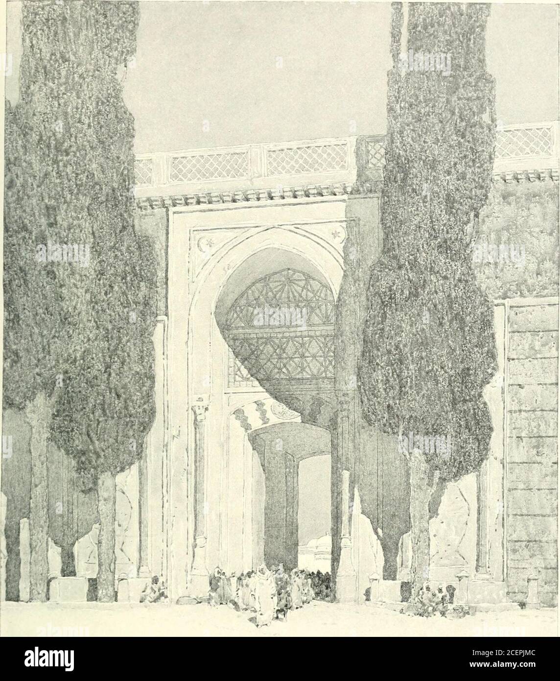 . Der nahe Osten; Dalmatien, Griechenland und Konstantinopel. Ntain von Sultan Ahmed, sah ich ein enor-mous und hässliches Gebäude mit riesigen Streifen von roter Farbe geschmückt, hoch über mir als ob Fain, um die Sonne zu verdunkeln. Die Unermesslichkeit davon war verblüffend. I askeds Name. Santa Sophia. Ich schaute weg zum Brunnen und ließ meine Augen auf seinem vorspringenden Dach und seinem Laubwerk von Gold, seinen glänzenden blauen und grünen Fliesen, herrlichen Eisenarbeiten und Plaques des grauen und braunen Marmors wohnen. Es war zart und verlockend. Seine mächtige Nachbarschaft war fast abstoßend. Aber endlich – nicht ohne Widerwillen, denn ich fürchtete vielleicht ein tieferes di Stockfoto