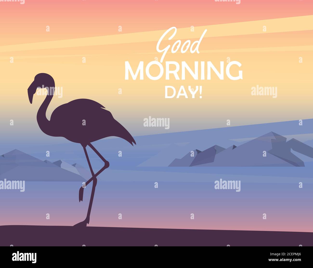 Silhouette von Flamingo Sonnenuntergang oder Sonnenaufgang, Berglandschaft. Good Morning Day Konzept. Wunderschöne Aussicht bei Sonnenaufgang. Vektorgrafik Stock Vektor