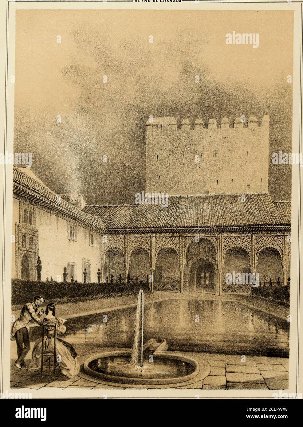 . Recuerdos y bellezas de España : bajo la real proteccion de ... la reina y el rey ; Obra destinada á dar á conocer sus monumentos y Antiguedades en láminas dibujadas del natural y litografiadas por F.J. Parcerisa. nos al saber que desde el siglo XVI es lla-mado Puerta del Vino tan interesante monumento (2). Está hoy solo,aislado, y para Mayor mengua suya ha perdido hasta el recuerdo desu Antiguo titulo. Vase luego al palacio árabe por una calle abierta entre la casadel Gobernador y el soberbio alcázar levantado por el nieto de Isa-bel I. Ninguna sensación puede esperimenlarise ya al llegar al Stockfoto