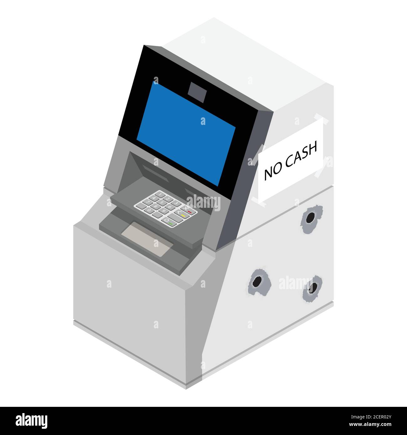 Diebstahlkonzept - Dieb stehlen Geld von ATM-Tatort. Beschädigter Geldautomat mit Einschusslöchern. Bargeld nicht. Vektor Stock Vektor