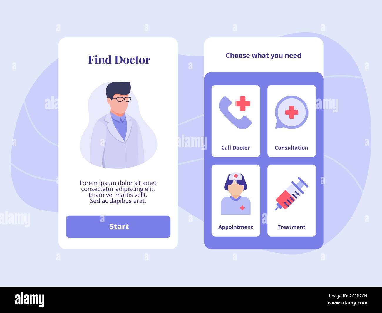 Suchen Arzt Anruf Beratung Termin Behandlung für mobile Apps Vorlage Bannerseite UI mit zwei Variationen modernen flachen Farbstil. Stock Vektor